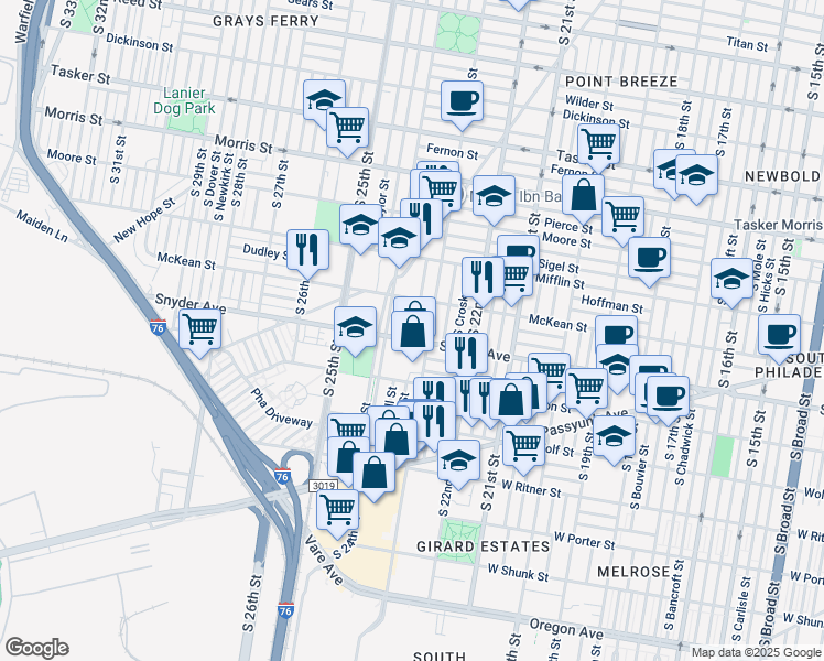map of restaurants, bars, coffee shops, grocery stores, and more near 2038 South Bonsall Street in Philadelphia