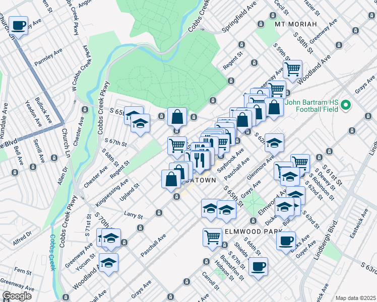 map of restaurants, bars, coffee shops, grocery stores, and more near 2044 South 65th Street in Philadelphia