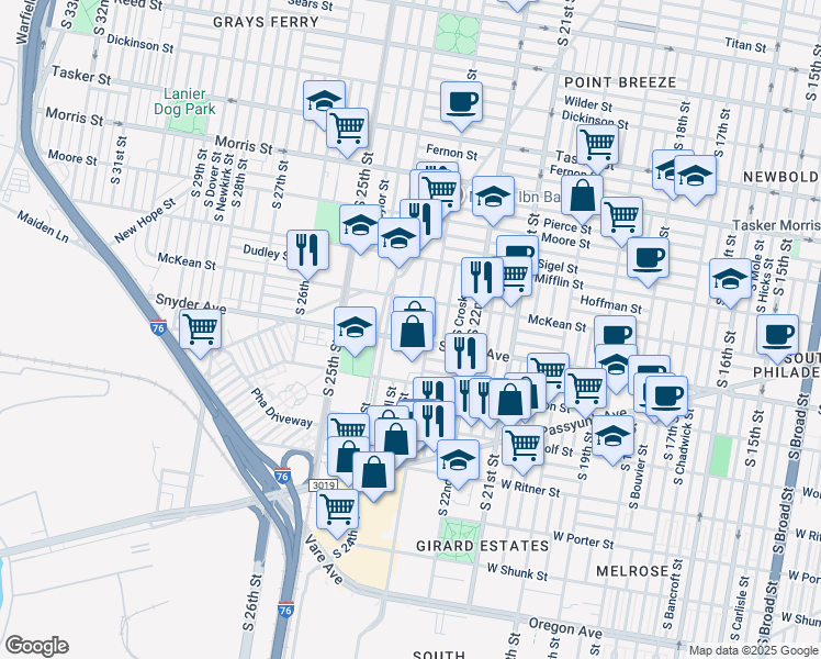 map of restaurants, bars, coffee shops, grocery stores, and more near 2038 South Bonsall Street in Philadelphia