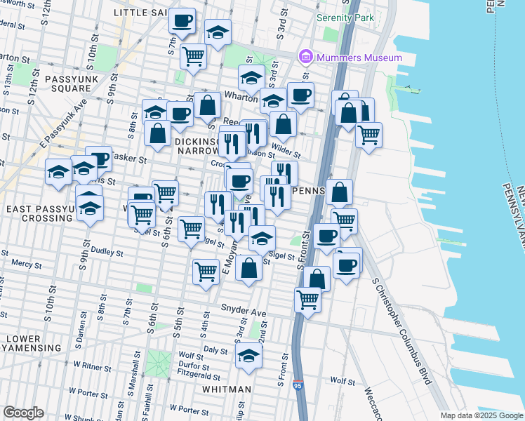 map of restaurants, bars, coffee shops, grocery stores, and more near 222 Morris Street in Philadelphia
