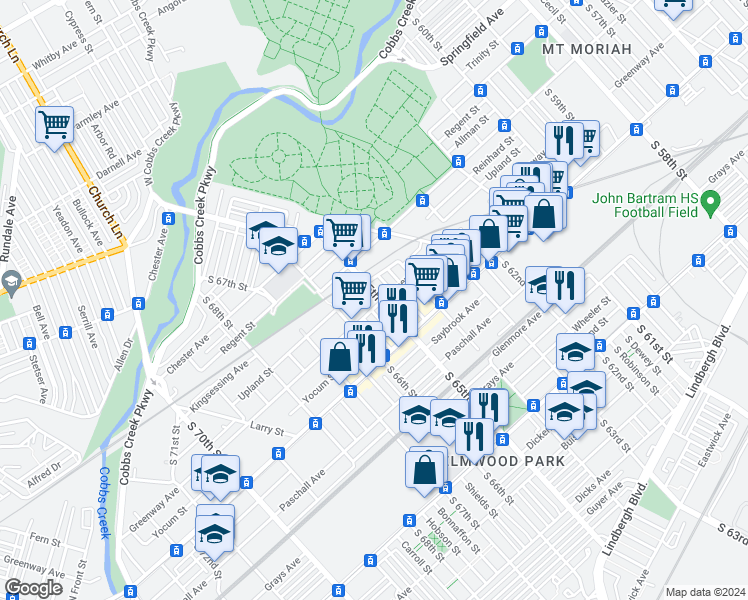 map of restaurants, bars, coffee shops, grocery stores, and more near 2044 South 65th Street in Philadelphia