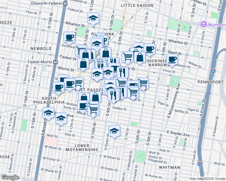map of restaurants, bars, coffee shops, grocery stores, and more near 1740 South 9th Street in Philadelphia