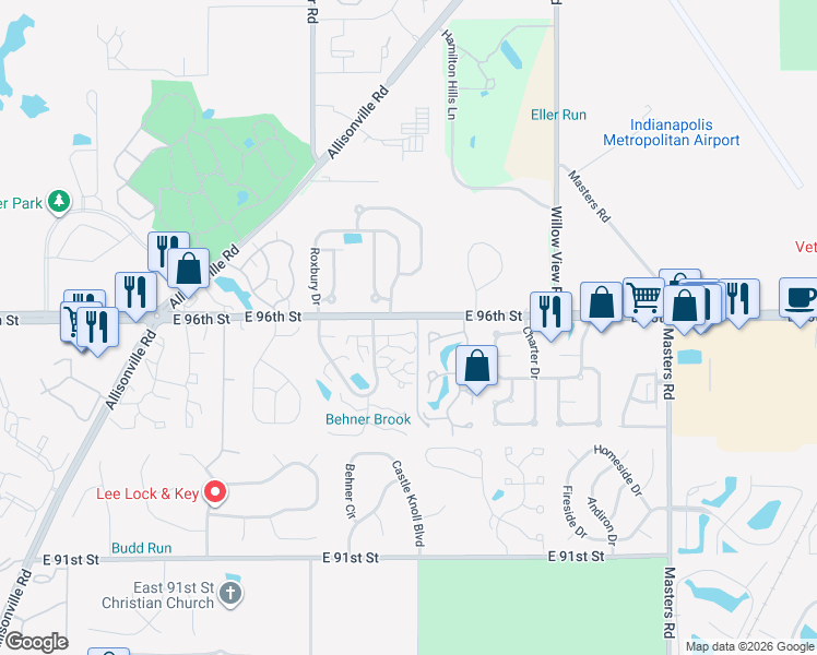 map of restaurants, bars, coffee shops, grocery stores, and more near 6454 Bayside North Drive in Indianapolis