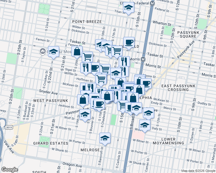 map of restaurants, bars, coffee shops, grocery stores, and more near 1934 South Chadwick Street in Philadelphia