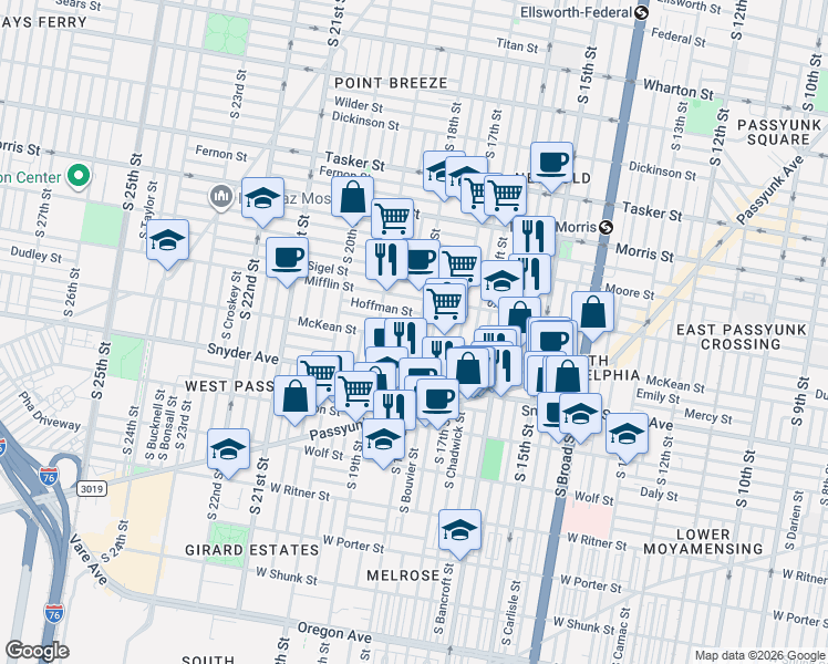 map of restaurants, bars, coffee shops, grocery stores, and more near 1932 South 18th Street in Philadelphia