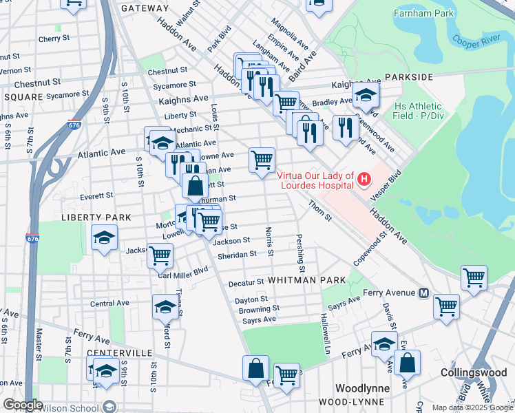 map of restaurants, bars, coffee shops, grocery stores, and more near 1279 Morton Street in Camden