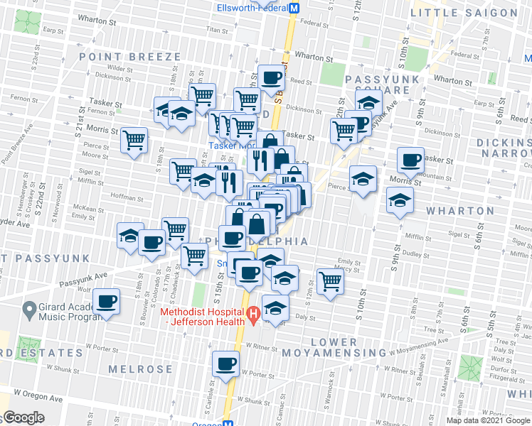 map of restaurants, bars, coffee shops, grocery stores, and more near 1901 South Broad Street in Philadelphia