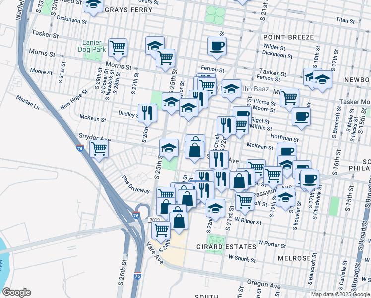 map of restaurants, bars, coffee shops, grocery stores, and more near 2041 South 24th Street in Philadelphia