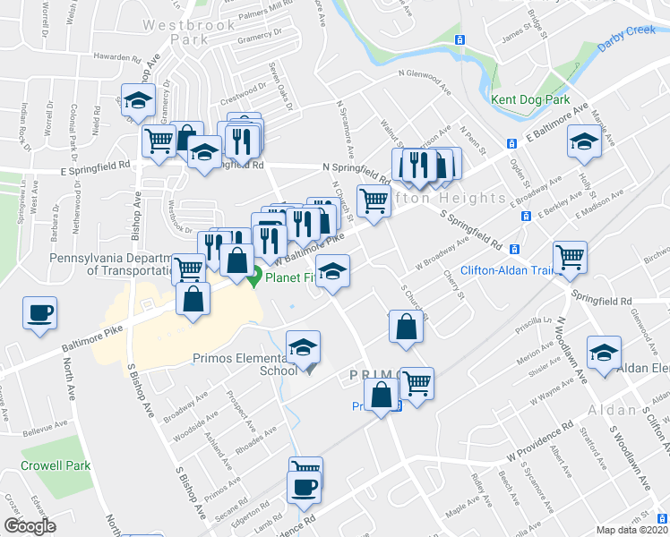 map of restaurants, bars, coffee shops, grocery stores, and more near 250 Cambridge Road in Clifton Heights