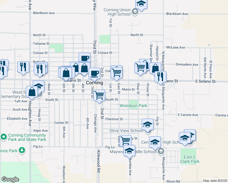 map of restaurants, bars, coffee shops, grocery stores, and more near 815 Marin Street in Corning