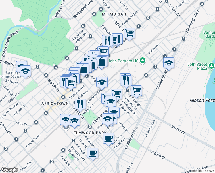 map of restaurants, bars, coffee shops, grocery stores, and more near 6155 Glenmore Avenue in Philadelphia