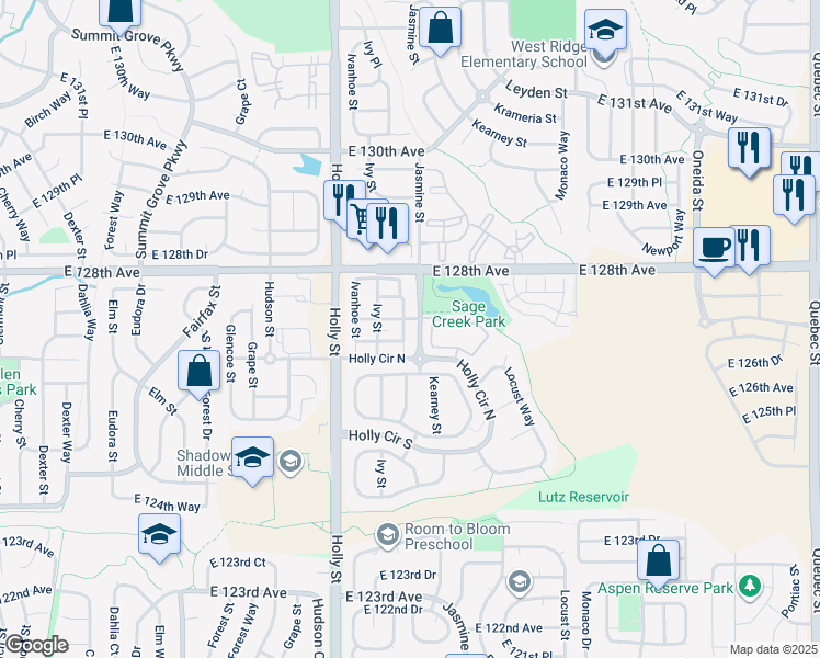 map of restaurants, bars, coffee shops, grocery stores, and more near 12756 Jasmine Court in Thornton