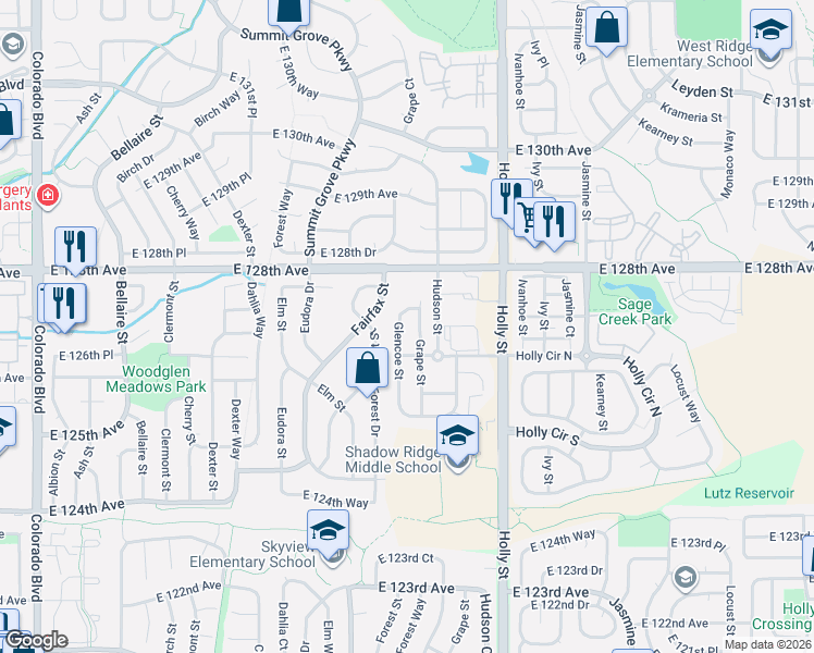 map of restaurants, bars, coffee shops, grocery stores, and more near 12714 Grape Street in Thornton