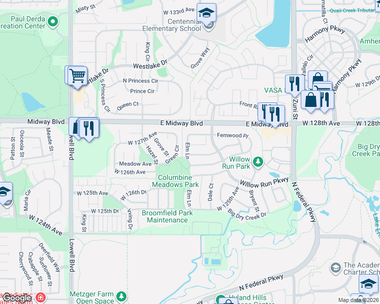 map of restaurants, bars, coffee shops, grocery stores, and more near 2876 Elaine Drive in Broomfield