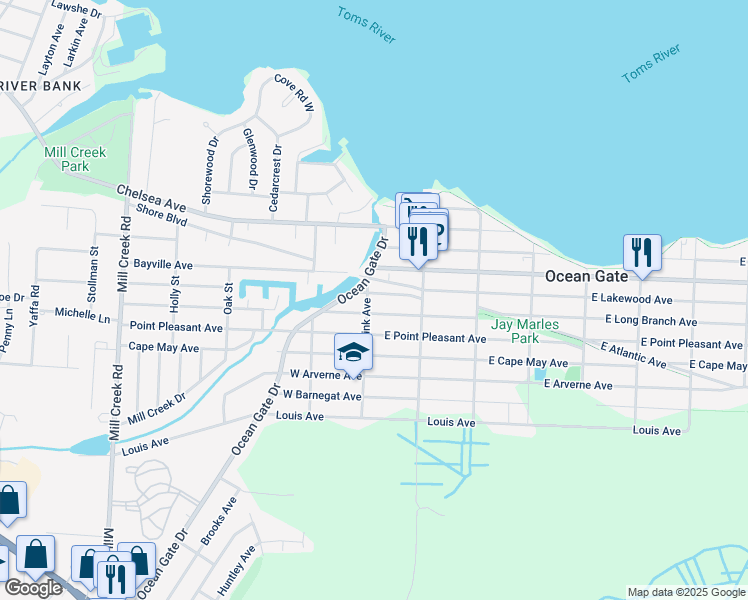 map of restaurants, bars, coffee shops, grocery stores, and more near 39 West Lakewood Avenue in Ocean Gate