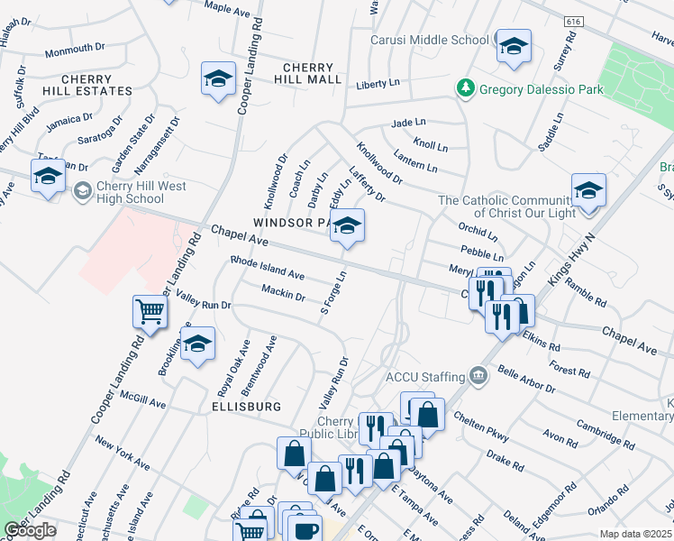 map of restaurants, bars, coffee shops, grocery stores, and more near 2 South Forge Lane in Cherry Hill