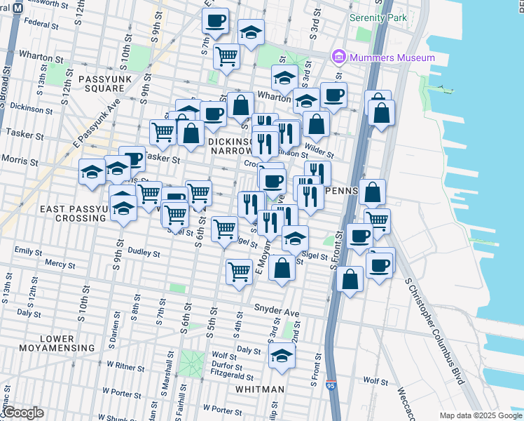 map of restaurants, bars, coffee shops, grocery stores, and more near 04th Tasker Street in Philadelphia