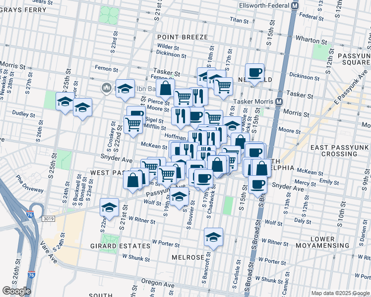 map of restaurants, bars, coffee shops, grocery stores, and more near 1844 Dudley Street in Philadelphia