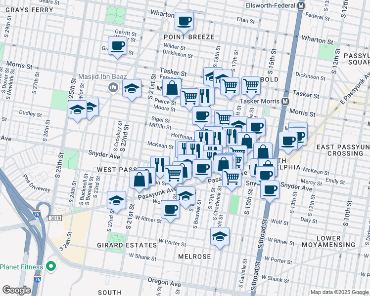 map of restaurants, bars, coffee shops, grocery stores, and more near 1844 Dudley Street in Philadelphia