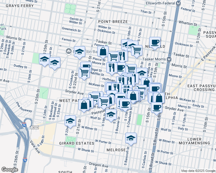 map of restaurants, bars, coffee shops, grocery stores, and more near 1844 Dudley Street in Philadelphia