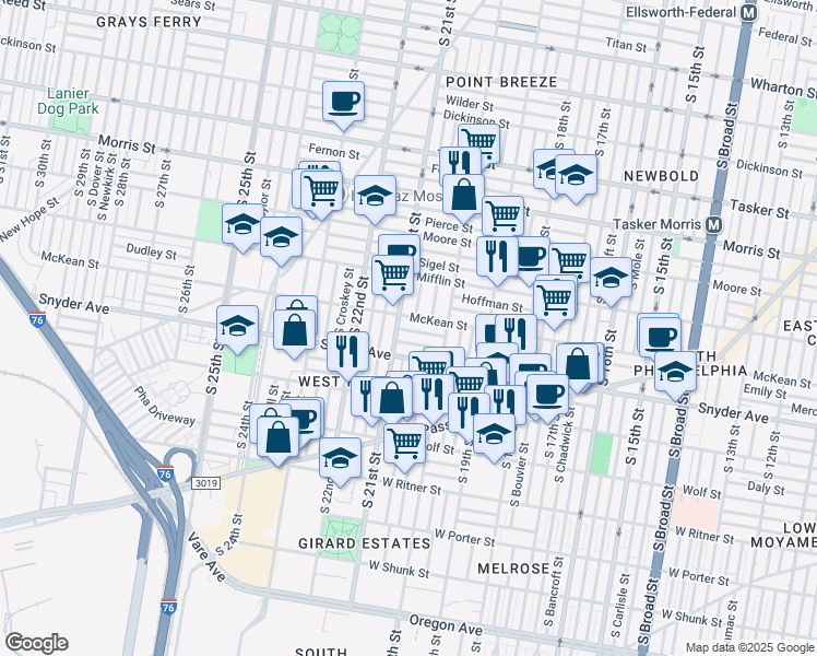 map of restaurants, bars, coffee shops, grocery stores, and more near 2027 McKean Street in Philadelphia