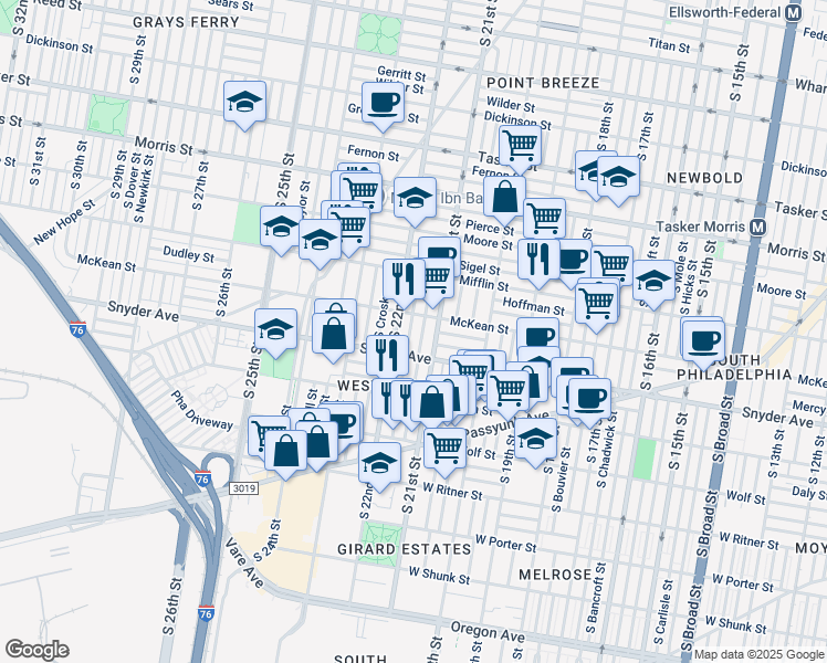map of restaurants, bars, coffee shops, grocery stores, and more near in Philadelphia