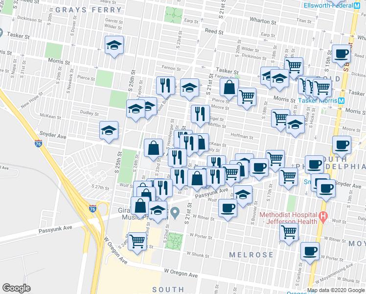 map of restaurants, bars, coffee shops, grocery stores, and more near 2013 South Croskey Street in Philadelphia