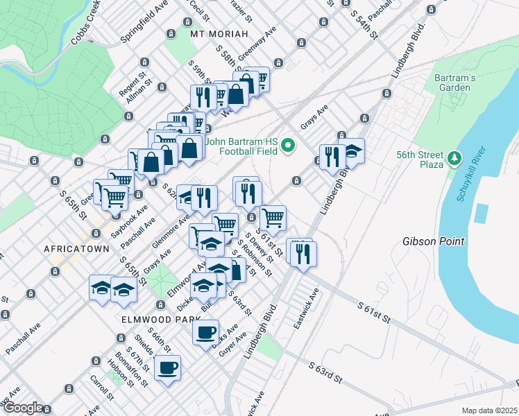 map of restaurants, bars, coffee shops, grocery stores, and more near 2435 South Millick Street in Philadelphia