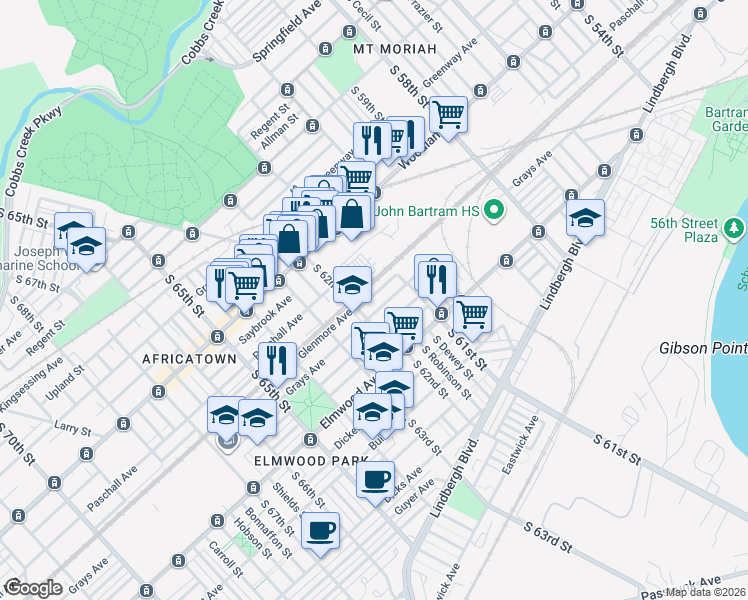 map of restaurants, bars, coffee shops, grocery stores, and more near 6155 Glenmore Avenue in Philadelphia