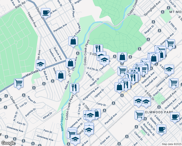 map of restaurants, bars, coffee shops, grocery stores, and more near 6712 Cobbs Creek Parkway in Philadelphia