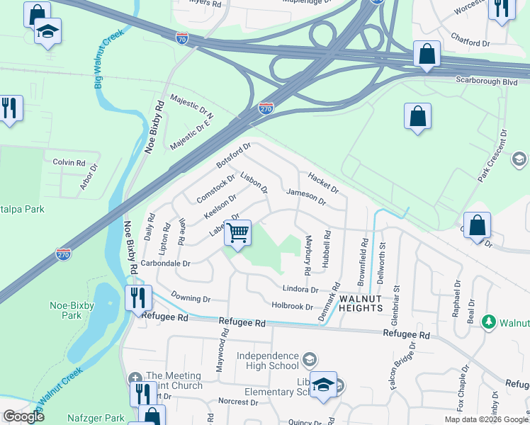 map of restaurants, bars, coffee shops, grocery stores, and more near 5055 Labelle Drive in Columbus