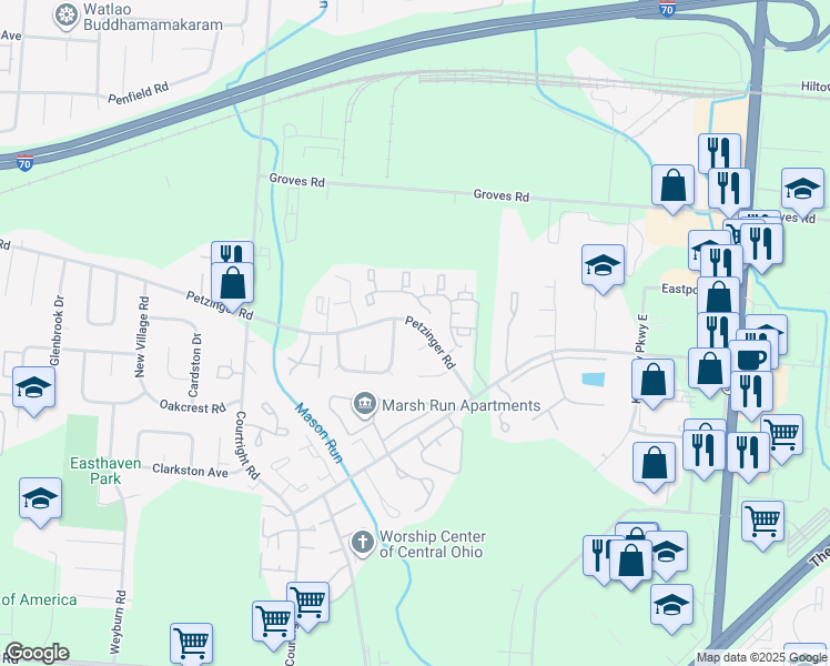 map of restaurants, bars, coffee shops, grocery stores, and more near 3814 Soft Wind Drive in Columbus