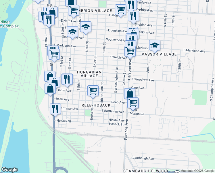 map of restaurants, bars, coffee shops, grocery stores, and more near 299 East Woodrow Avenue in Columbus