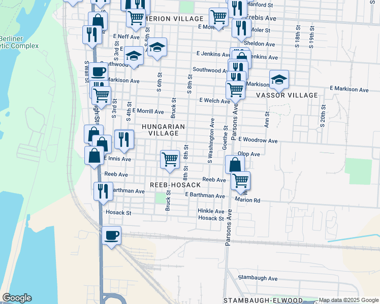 map of restaurants, bars, coffee shops, grocery stores, and more near 299 East Woodrow Avenue in Columbus