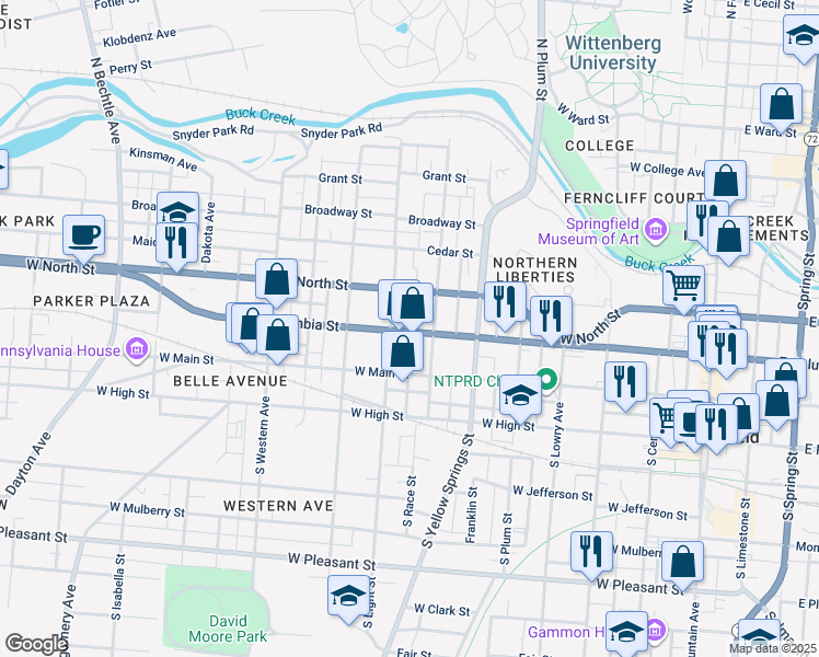 map of restaurants, bars, coffee shops, grocery stores, and more near 612 West Columbia Street in Springfield
