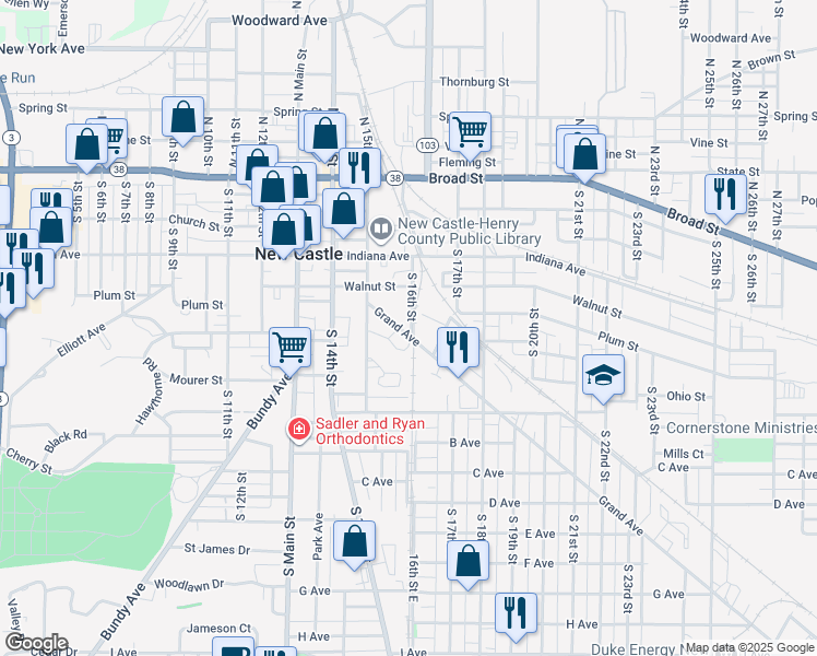 map of restaurants, bars, coffee shops, grocery stores, and more near 1526 Grand Avenue in New Castle