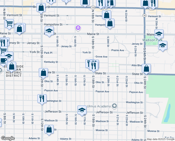 map of restaurants, bars, coffee shops, grocery stores, and more near 426-430 South 18th Street in Quincy
