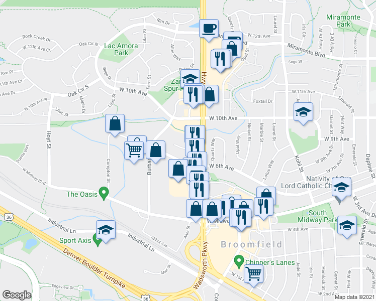 map of restaurants, bars, coffee shops, grocery stores, and more near 645 Alter St in Broomfield