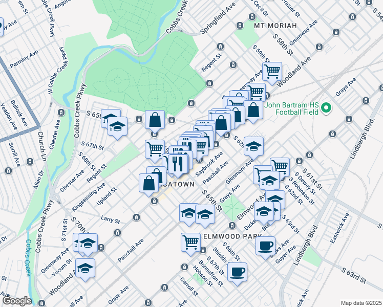map of restaurants, bars, coffee shops, grocery stores, and more near 2134 South 64th Street in Philadelphia