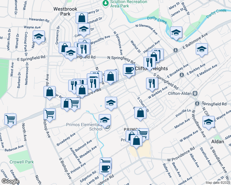map of restaurants, bars, coffee shops, grocery stores, and more near 250 Cambridge Road in Clifton Heights