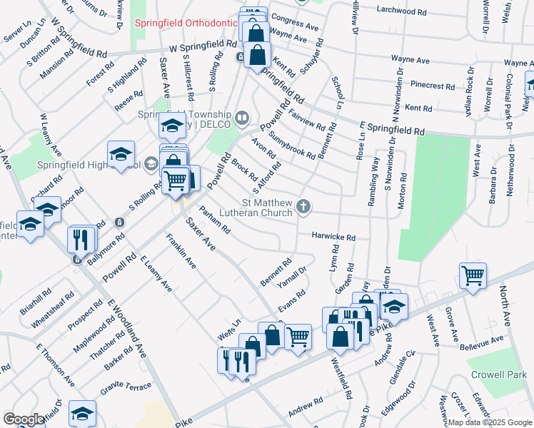 map of restaurants, bars, coffee shops, grocery stores, and more near 331 Sedgewood Road in Springfield