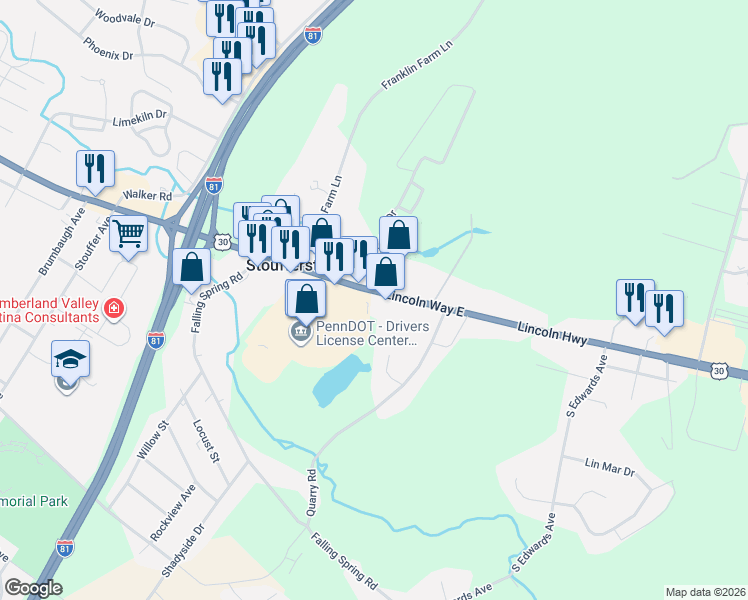 map of restaurants, bars, coffee shops, grocery stores, and more near 1330 Lincoln Way East in Chambersburg