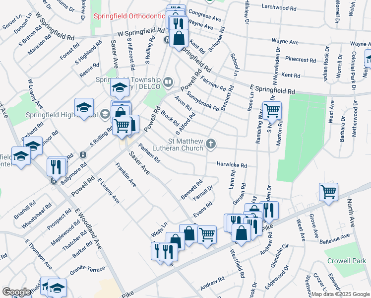 map of restaurants, bars, coffee shops, grocery stores, and more near 331 Sedgewood Road in Springfield