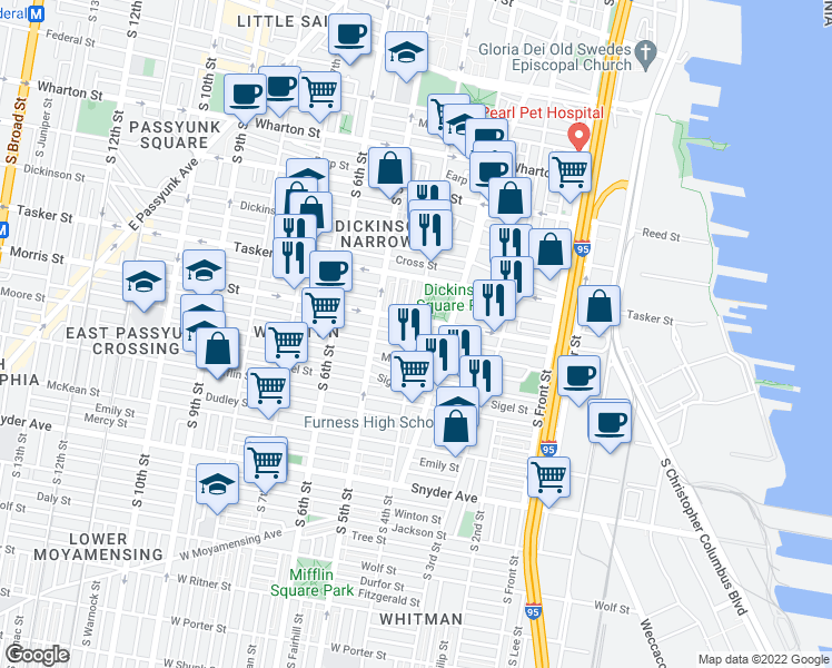 map of restaurants, bars, coffee shops, grocery stores, and more near S 4th St & Watkins St in Philadelphia