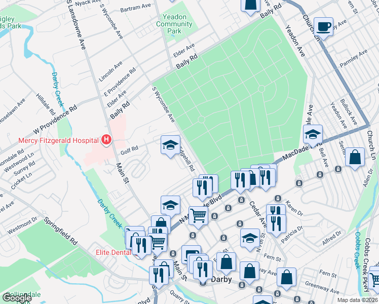 map of restaurants, bars, coffee shops, grocery stores, and more near 1328 Wycombe Avenue in Darby