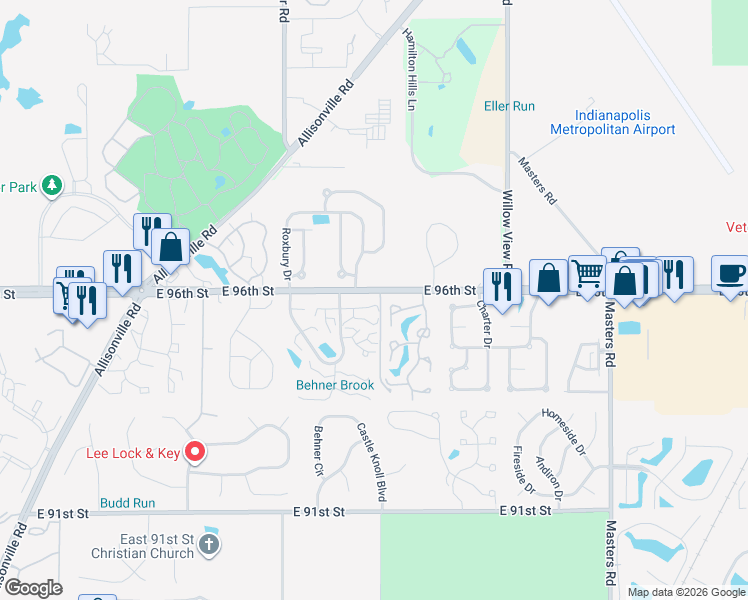 map of restaurants, bars, coffee shops, grocery stores, and more near 6454 Bayside North Drive in Indianapolis