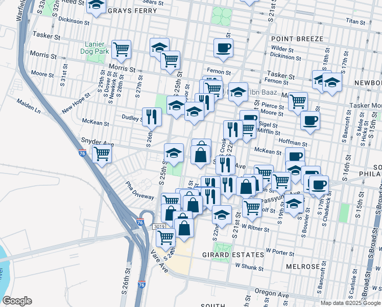 map of restaurants, bars, coffee shops, grocery stores, and more near 2041 South 24th Street in Philadelphia
