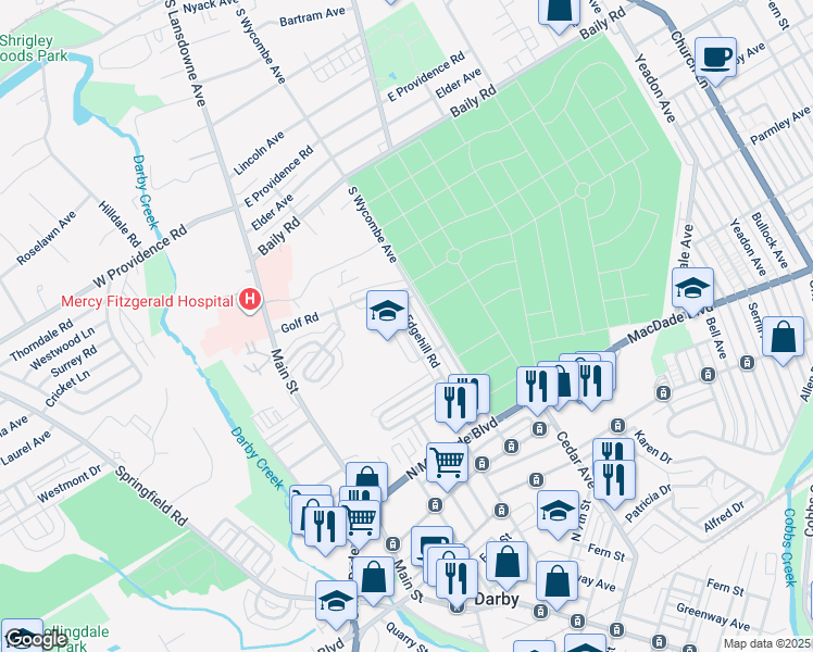 map of restaurants, bars, coffee shops, grocery stores, and more near 1344 Edgehill Road in Darby