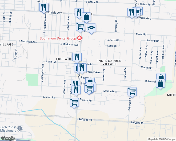 map of restaurants, bars, coffee shops, grocery stores, and more near 1118 East Woodrow Avenue in Columbus