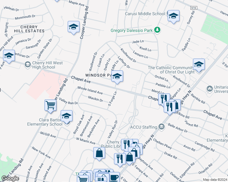 map of restaurants, bars, coffee shops, grocery stores, and more near 2 South Forge Lane in Cherry Hill